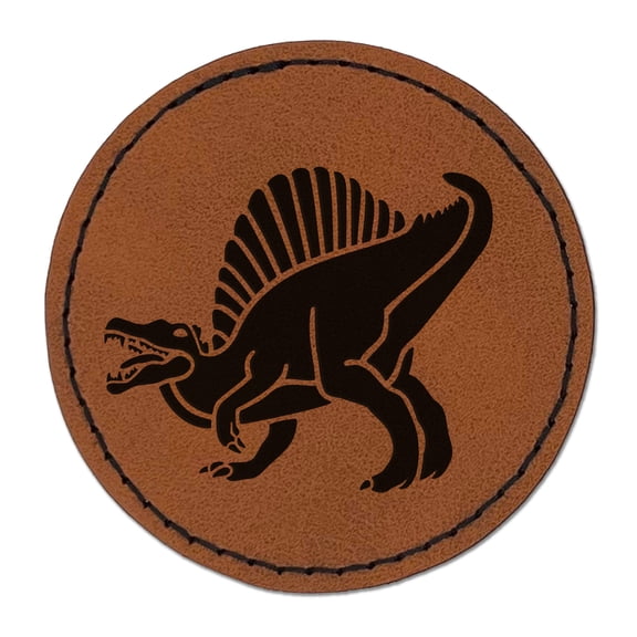 Spinosaurus Dinosaur 2.5" Faux Leather Round Engraved Iron-On Patch - Brown