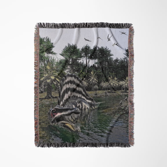 Spinosaurus Dinosaur In A Primitive Swampy River Setting, Woven Blanket