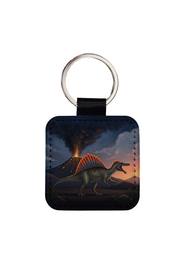 Spinosaurus Volcano Lava Dinosaur Faux Leather Square Keychain