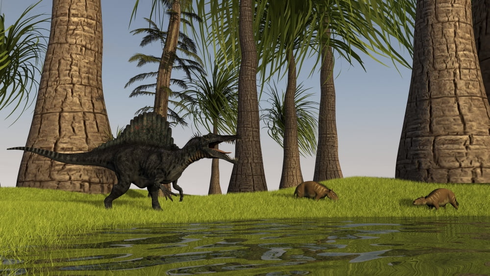 Spinosaurus hunting along the edge of a swamp while a pair of Eurohippus graze nearby Canvas Art - Kostyantyn IvanyshenStocktrek Images (38 x 22)