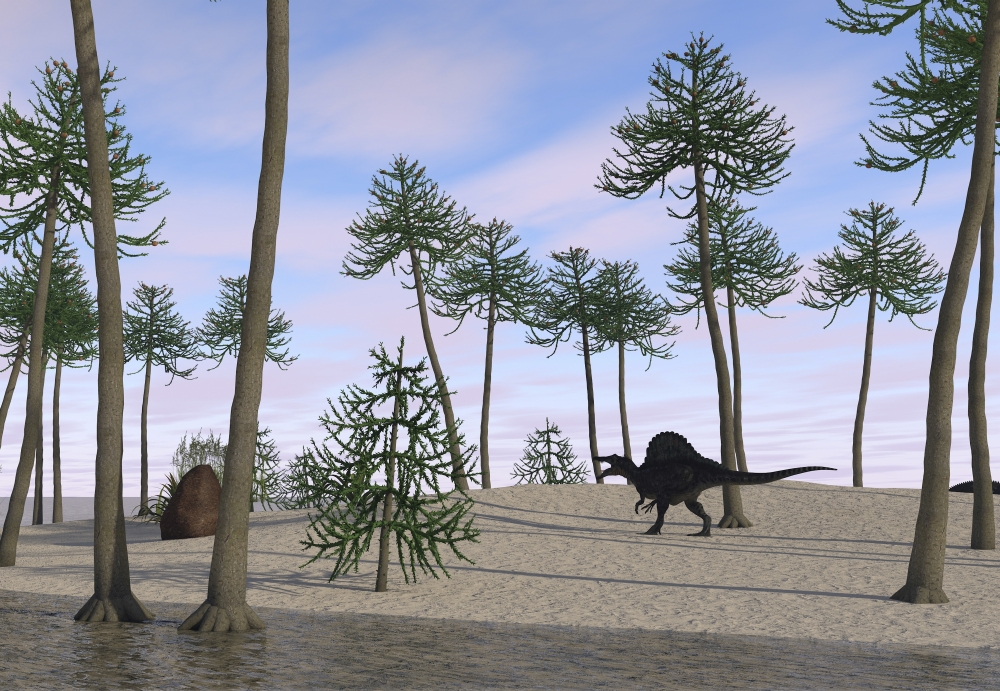 Spinosaurus hunting along the shore Canvas Art - Kostyantyn IvanyshenStocktrek Images (34 x 24)
