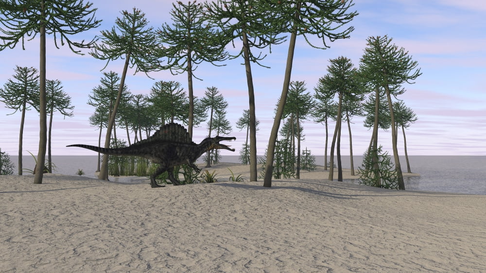 Spinosaurus hunting along the shore Canvas Art - Kostyantyn IvanyshenStocktrek Images (38 x 22)