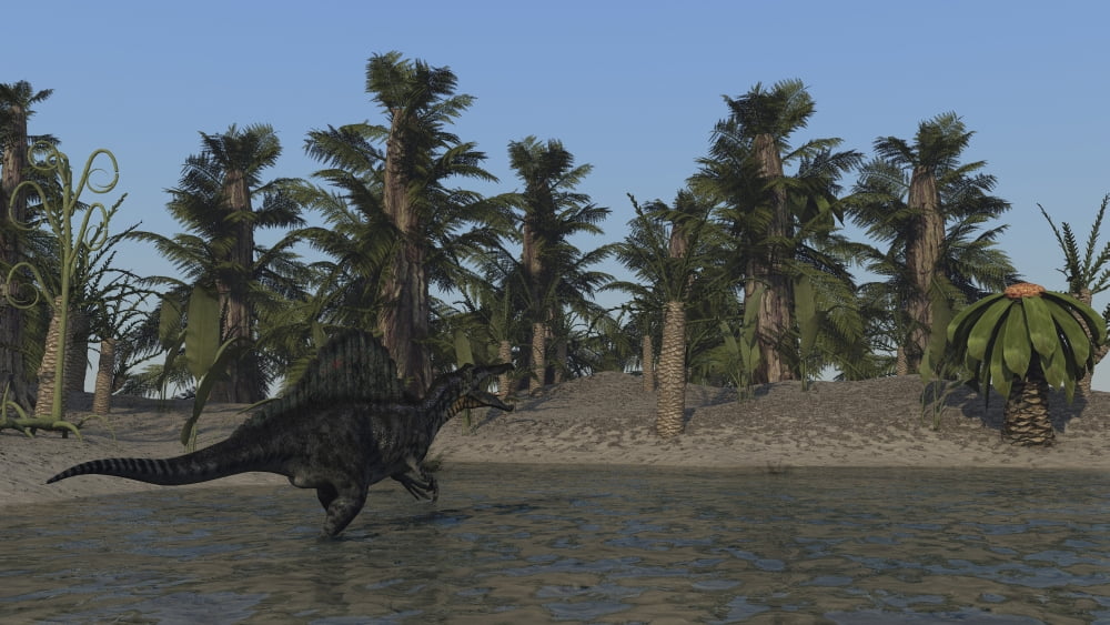 Spinosaurus hunting for food in prehistoric waters Canvas Art - Kostyantyn IvanyshenStocktrek Images (38 x 22)