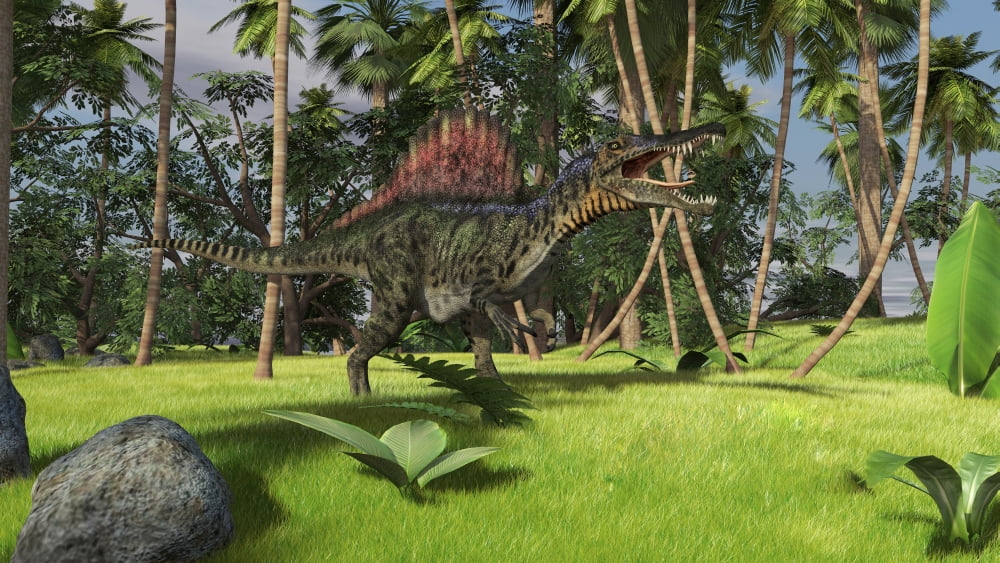 Spinosaurus hunting in a tropical environment Canvas Art - Kostyantyn IvanyshenStocktrek Images (38 x 22)
