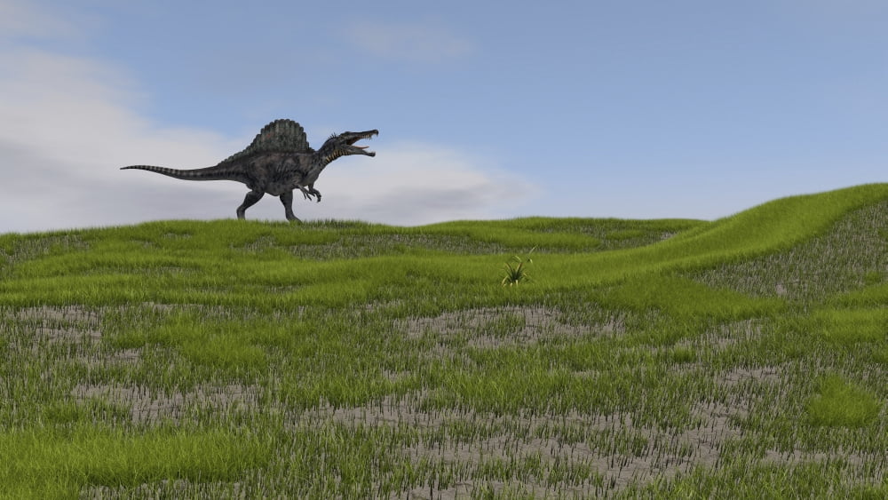 Spinosaurus walking across a grassy field Canvas Art - Kostyantyn IvanyshenStocktrek Images (19 x 11)