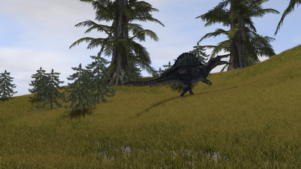 Spinosaurus walking across a grassy field Canvas Art - Kostyantyn IvanyshenStocktrek Images (19 x 11)