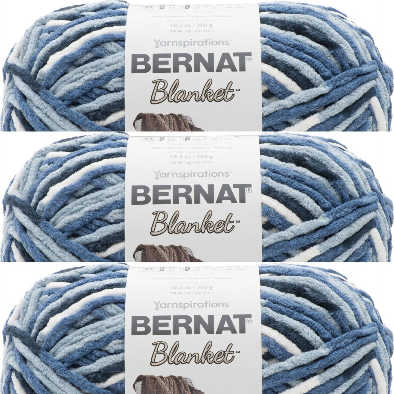 Spinrite Bernat Blanket Big Ball Yarn Faded Blues, 1 Pack of 3 Piece
