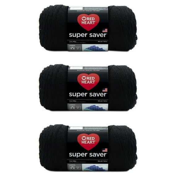 Red Heart Super Saver Black Yarn - 3 Pack of 198g/7oz - Acrylic - 4 Medium (Worsted) - 364 Yards - Knitting/Crochet