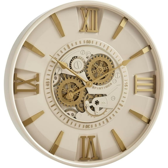 Spintimes 24 Inch Modern Cream&gold Wall Clock with Moving Gears, Quartz, Battery Powered, Convex Shape Dial, HD Clear Tempered Glass Lens