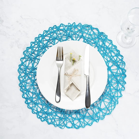 Spinweave 15 Inch Dining Table Placemats Set Of 6 Round Kitchen Table Mats - Semi-Disposable Handwoven Blue Paper Circle Placemats Table Mats For Holidays Or Weddings