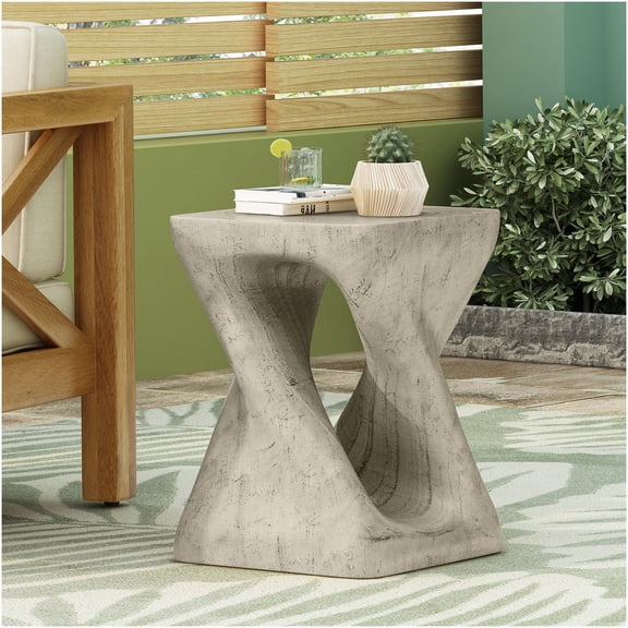 Spiral Accent Table, Wood Grain Finish, Grey End Table for Indoor Outdoor Use