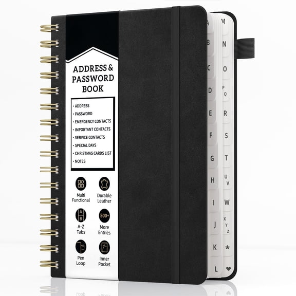 Spiral Address Book with Alphabetical Tabs, Leather Password Book, Address Organizer Telephone Notebook Journal Keep Contact Safe Hardcover Large Print for Seniors Home Office 5.8″×8.2″, Black