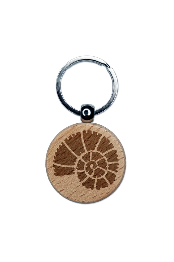 Spiral Ammonite Fossil Marine Mollusk Round Keychain Charm Tag - Engraved Wood