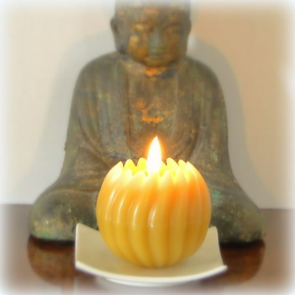 Spiral Ball Candle 100% Beeswax - 3x3" with Square Porcelain Candle Plate