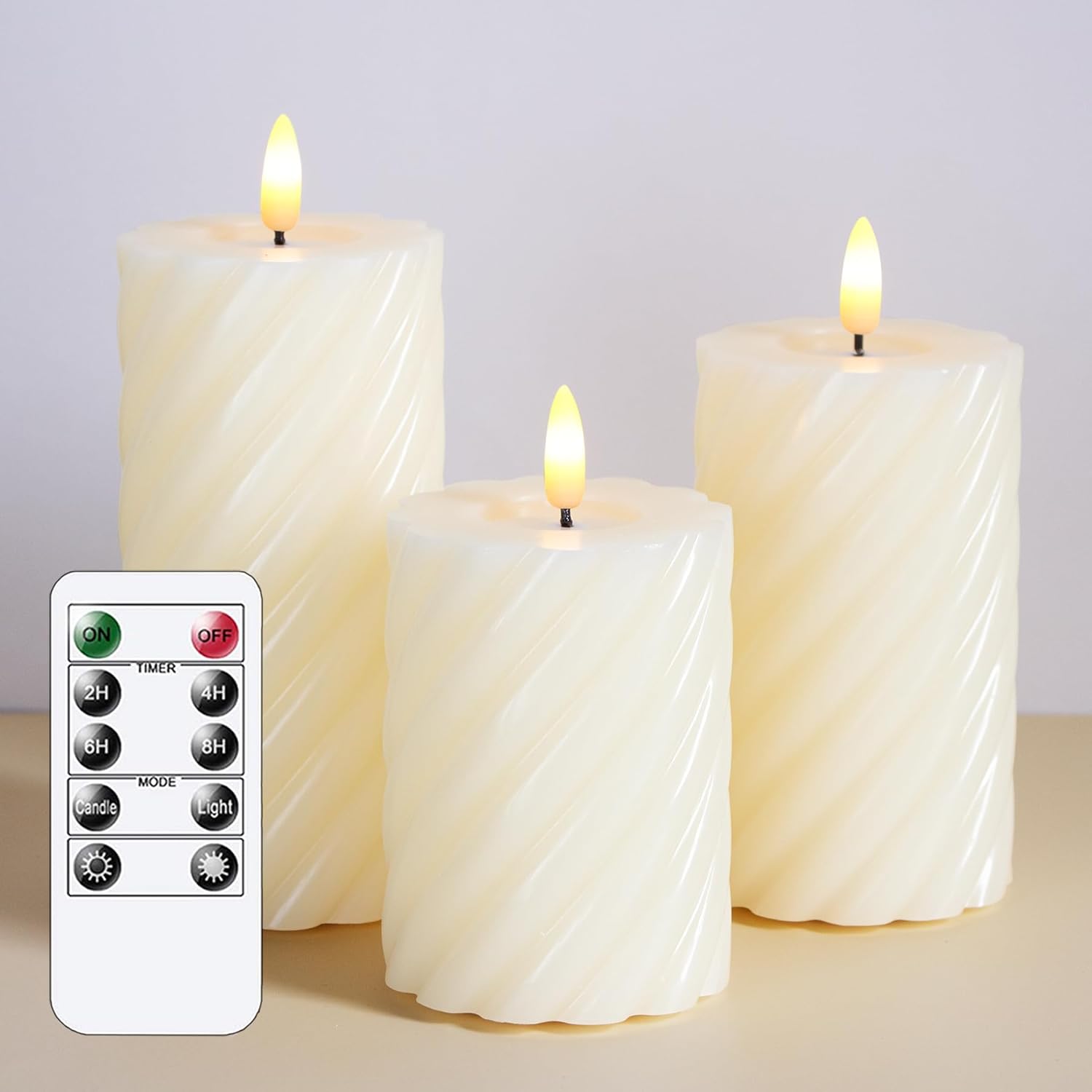 Spiral Battery Operated Remote Control Pillar Candles, Flickering LED