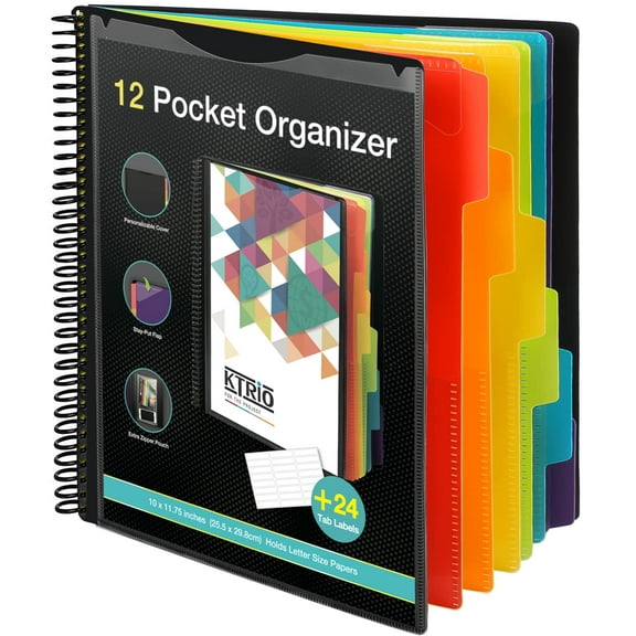 Project Organizer Binder, 12 Pocket Multi Folder with Dividers, Letter Size Supplies, Inner Zipper Pouch, Durable Poly Material, Multicolor