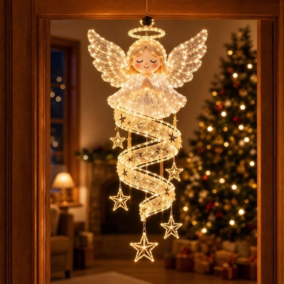 Spiral Christmas Hanging Light Ornament Lighted Angel Pendant with Warm White LED Battery Operated Xmas Decoration for Tree Porch Wall Door Window Home Wedding Holiday Party Gift for Family Friends