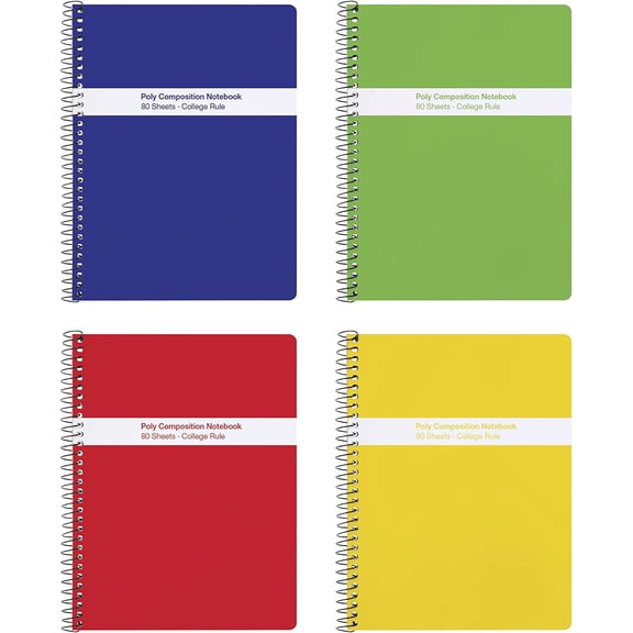 Spiral Composition Notebooks, 4 Pack, Poly Covers, College Ruled Paper, 9-3/4 x 7-1/2 Inches, 80 Sheets, Assorted Primary Color Covers (64949)