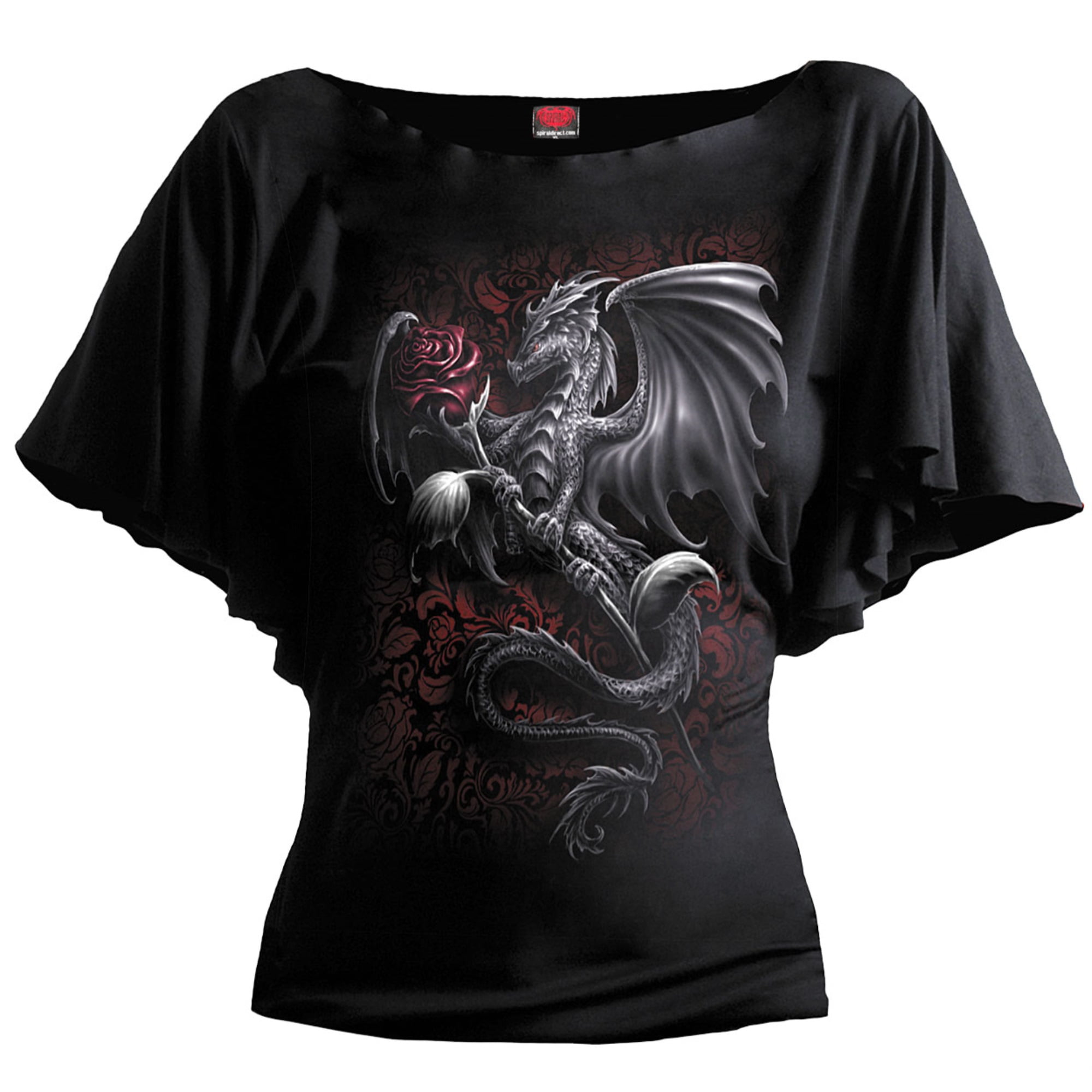 Spiral 'Bed Of Roses' Women's Top - Black Boat Neck Bat Sleeve With Cat Art, 95% Viscose