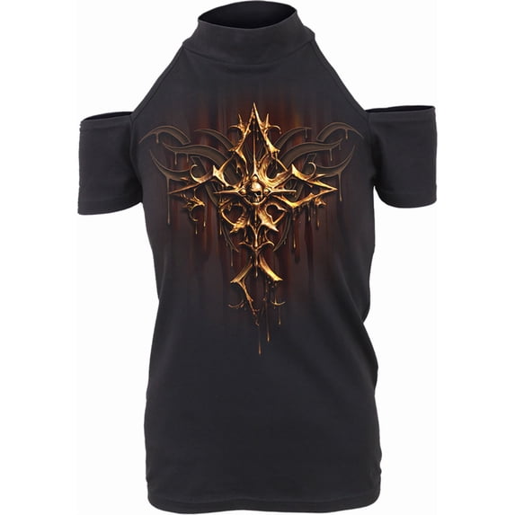 Spiral Direct Gothic DRIPPING GOLD - Halter Neck Drop Shoulder Top |Skulls|Horror|Fashion
