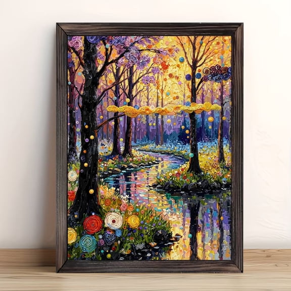 Spiral Dot Forest Stream Golden Cloud Framed Wall Art, Solid Wood Frame Vibrant Colorful Nature Landscape Art Print, Whimsical Wall Decor for Living Room Bedroom, 12x16in