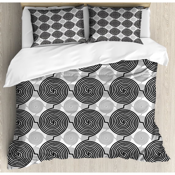 Spiral Duvet Cover Set, Rhythmic Abstract Connected Motifs Illustration Pattern on Plain Backdrop, Decorative 3 Piece Bedding Set with 2 Pillow Shams, Calking Size, White Charcoal Grey, by Ambesonne