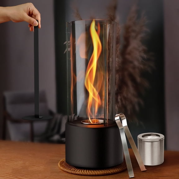 KORNIFUL Tabletop Fire Pit, Tornado Spiral Flame Fireplace with Windproof Tempered Glass, Portable Indoor & Outdoor Fire Feature, 15.7" Black