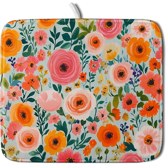 Spiral Flower Dish Drying Pad - Spring Bold Floral Printd Kitchen Countertop Cloth Pad for Home Decorative