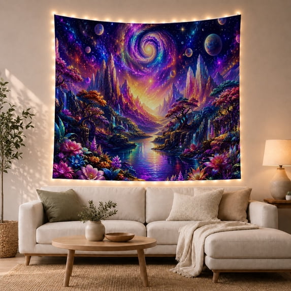 Spiral Galaxy Over Crystal Mountains in Purple Night Sky, Dreamy Fantasy for Space Lovers, Detailed Cosmic Wall Art, Birthday Gift Tapestry Wall Hanging for Bedroom and Living Room
