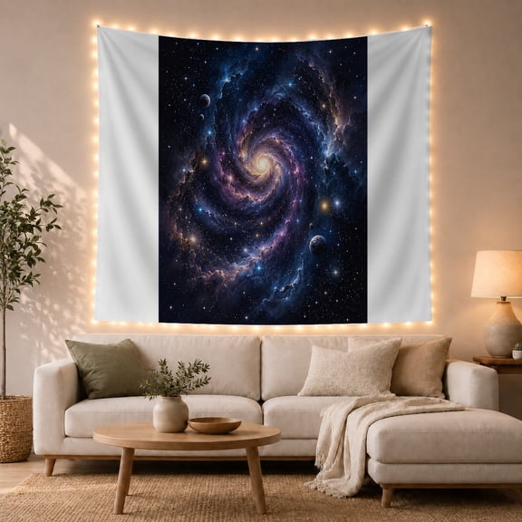 Spiral Galaxy with Nebula Clouds and Planets, Dramatic Celestial Style for Space Lovers, Cosmic Wall Art, Housewarming Gift, Tapestry Wall Hanging for Bedroom and Living Room