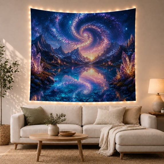 Spiral Galaxy Over Snow-Capped Peaks Mystical Celestial for Space Enthusiasts, Ethereal Cosmic Wall Art Housewarming Gift Tapestry Wall Hanging for Living Room and Bedroom