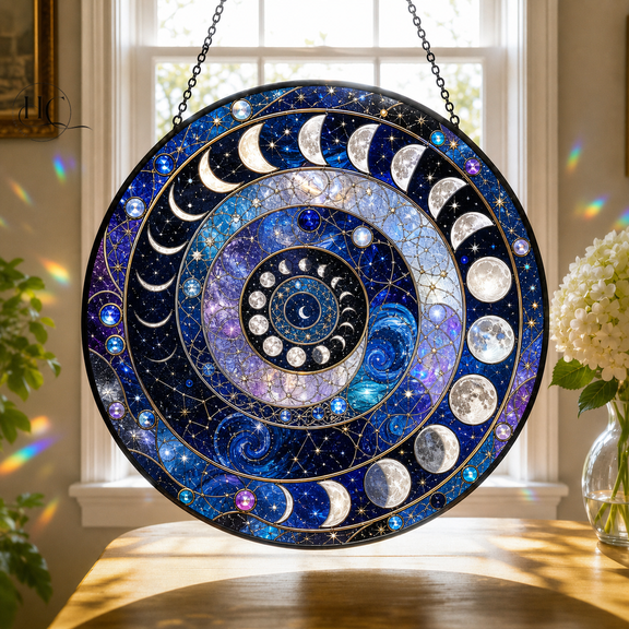 Spiral Glass Suncatcher Moon Phase Celestial Glass Window Hanging for Moon Lovers