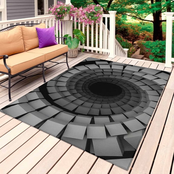 Spiral Grey Outdoor Rug for Patio/Deck/Porch, Non-Slip Large Area Rug 3 x 5 Ft, Block Vortex Optical Illusion Modern Indoor Outdoor Rugs Washable Area Rugs, Reversible Camping Rug Carpet Runner
