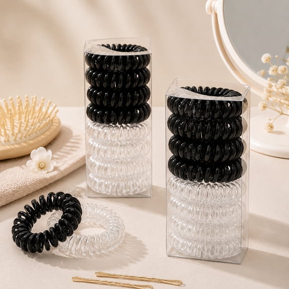 16 Pack Spiral Hair Ties, Clear & Black Coiled Phone Cord Hair Ties, No Crease No Damage Ponytail Holders, Elastic Plastic Hair Coils for Thick Thin Hair, Women Girls Hair Accessories