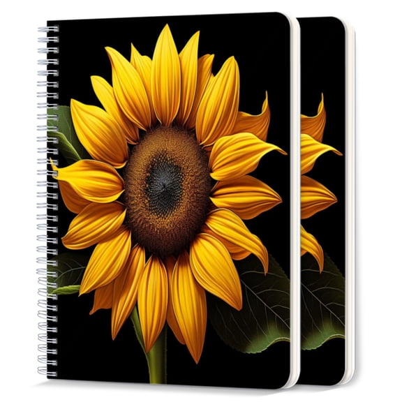 Spiral Journal Notebook,50 Sheets A5 College Ruled Notebook/Journal 2 Pcs for School Office Home - Beautiful Sunflower With Leaves on Black Background