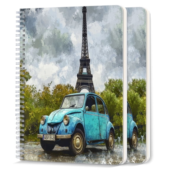Spiral Journal Notebook,50 Sheets A5 College Ruled Notebook/Journal 2 Pcs for School Office Home - Blue Car in Front of The Eiffel Tower