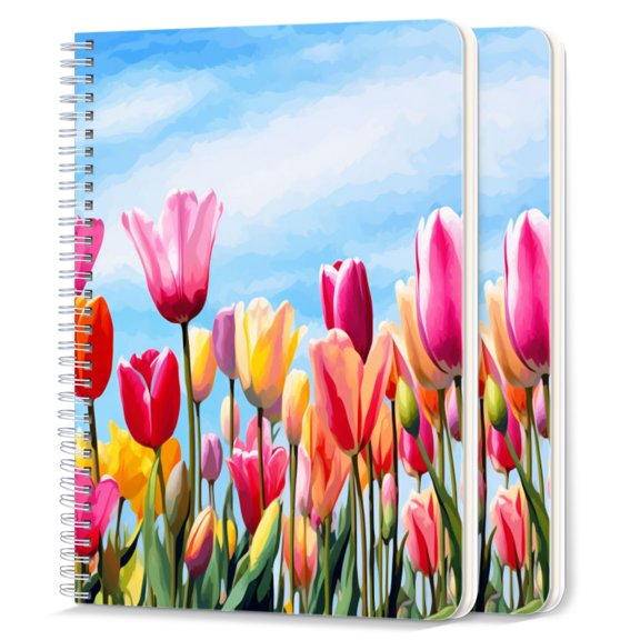 Spiral Journal Notebook,50 Sheets A5 College Ruled Notebook/Journal 2 Pcs for School Office Home - Colorful Tulips in The Field With Sky Background