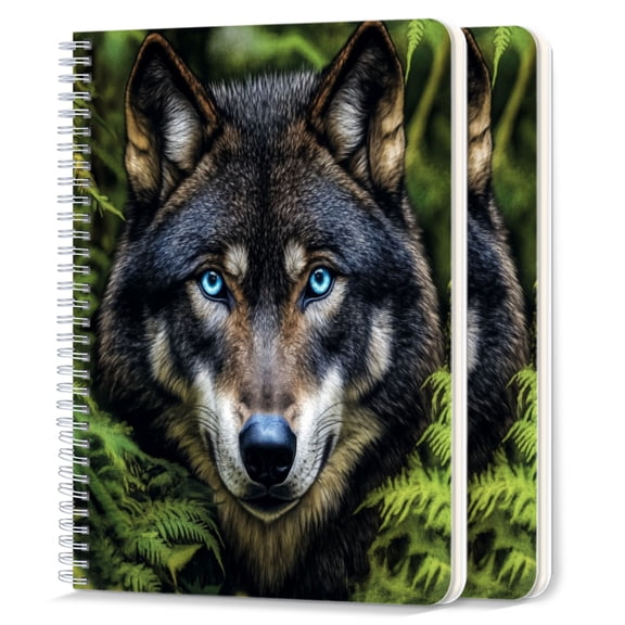 Spiral Journal Notebook,50 Sheets A5 College Ruled Notebook/Journal 2 Pcs for School Office Home - Majestic Black Wolf With Piercing Blue Eyes