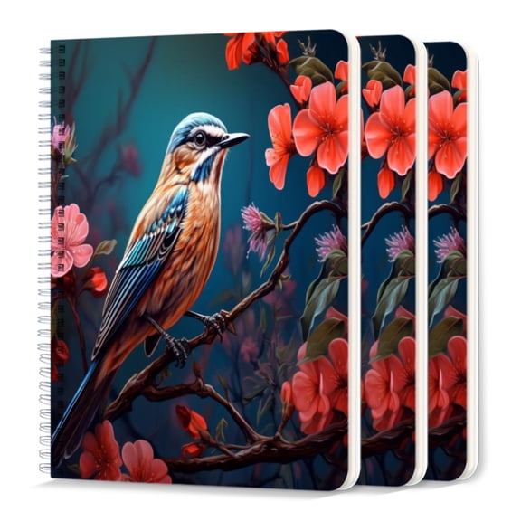 Spiral Journal Notebook,50 Sheets A5 College Ruled Notebook/Journal 3 Pcs for School Office Home - Beautiful Bird Perched on The Branch of Blooming Flower