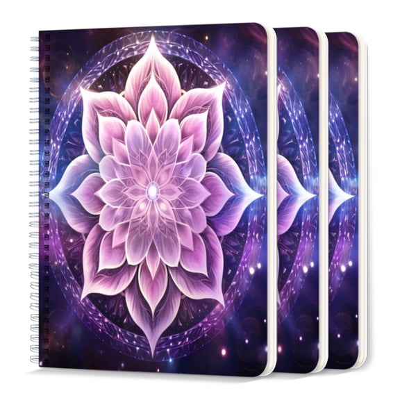 Spiral Journal Notebook,50 Sheets A5 College Ruled Notebook/Journal 3 Pcs for School Office Home - Beautiful Pastel Purple Lotus Mandala With Light Beams