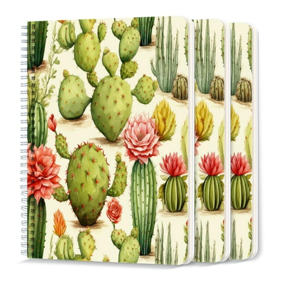 Spiral Journal Notebook,50 Sheets A5 College Ruled Notebook/Journal 3 Pcs for School Office Home - Cactus Pattern of Watercolor Illustration of Various