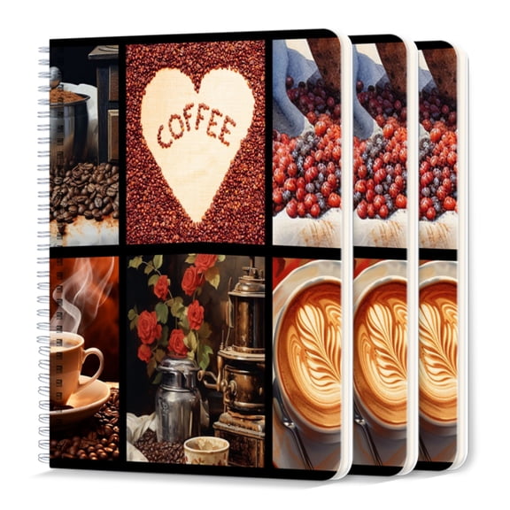 Spiral Journal Notebook,50 Sheets A5 College Ruled Notebook/Journal 3 Pcs for School Office Home - Collage of Coffee Images With Heart And Coffee Beans