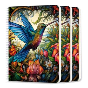 Spiral Journal Notebook,50 Sheets A5 College Ruled Notebook/Journal 3 Pcs for School Office Home - Colorful Hummingbird in Flight And Surrounded By Vibrant Flowers
