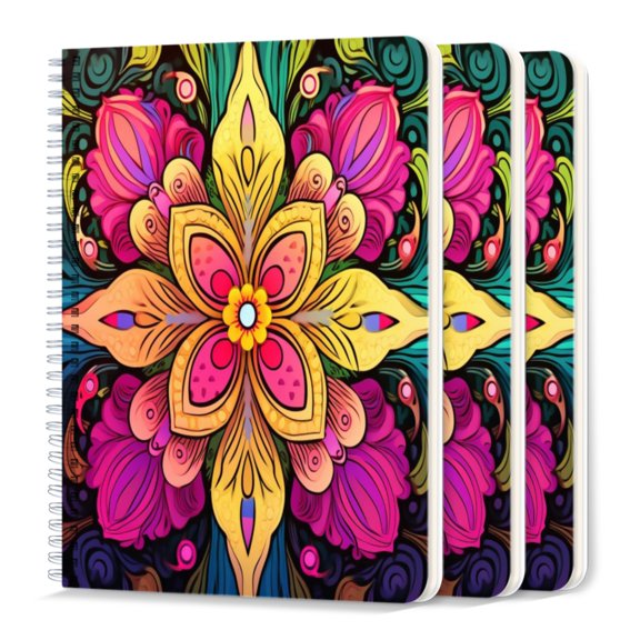 Spiral Journal Notebook,50 Sheets A5 College Ruled Notebook/Journal 3 Pcs for School Office Home - Colorful Mandala With Intricate Floral Patterns Vector Illustration