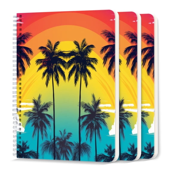Spiral Journal Notebook,50 Sheets A5 College Ruled Notebook/Journal 3 Pcs for School Office Home - Colorful Vector Illustration of Palm Tree Silhouettes