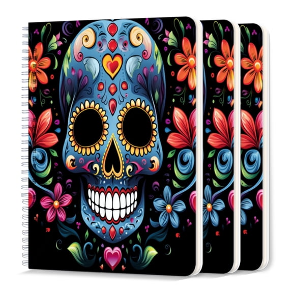 Spiral Journal Notebook,50 Sheets A5 College Ruled Notebook/Journal 3 Pcs for School Office Home - Day of The Dead Skull With Colorful Flowers And Hearts