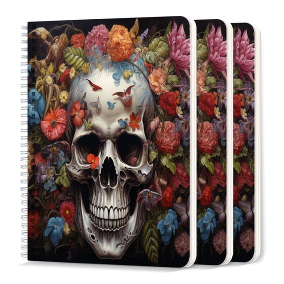 Spiral Journal Notebook,50 Sheets A5 College Ruled Notebook/Journal 3 Pcs for School Office Home - Intricately Decorated Skull Surrounded By Vibrant Flowers
