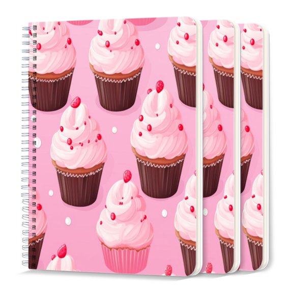 Spiral Journal Notebook,50 Sheets A5 College Ruled Notebook/Journal 3 Pcs for School Office Home - Pink Cupcakes With Cream Frosting And Red Sprinkles