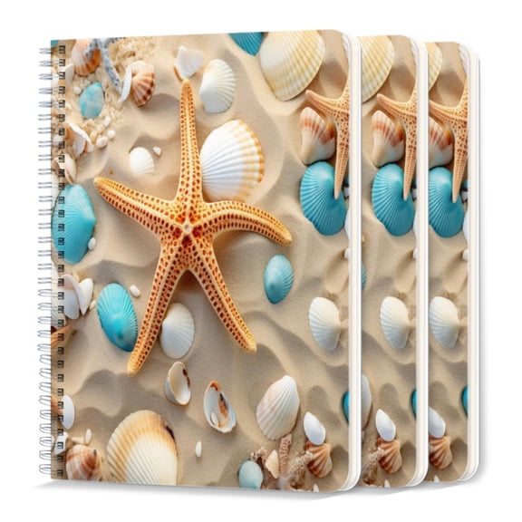 Spiral Journal Notebook,50 Sheets A5 College Ruled Notebook/Journal 3 Pcs for School Office Home - Seashells And Starfish on Sandy Background With Blue Shells