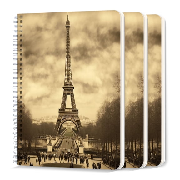 Spiral Journal Notebook,50 Sheets A5 College Ruled Notebook/Journal 3 Pcs for School Office Home - Sepia-Toned Photograph Captures The Eiffel Tower in Paris